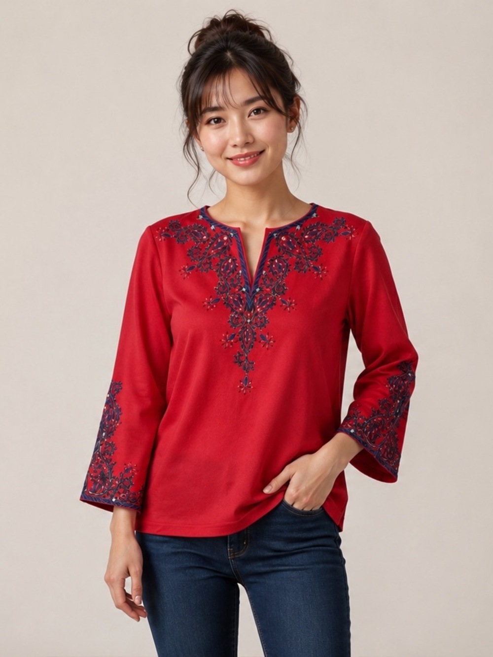 Bob Mackie Wearable Art Embroidered Red Bell Sleeve Top XS